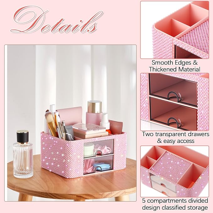 MotiMind Pink Bling Desk Organizer with 2 Drawer, Sparkly Makeup Organizer for Vanity, Girly Desk Accessories, Rhinestone Pen Holder, Elevate Your Workspace with Pink Serenity (Pearl)