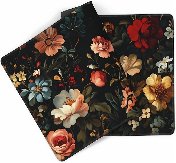 Floral Aesthetic Rose Gaming Mouse Pad, Black Dark Botanical Desk Mat with Anti-Slip Base & Stitched Edges, Office & Home Desk Decor for Women, 35.4" x 15.7" in Computer Desktop Mat