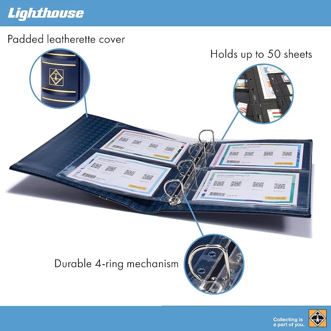 LIGHTHOUSE - Vario Classic Binder - 4-Ring Binder with Padded Leatherette Cover and Slipcase for up to 50 Sheets - Blue
