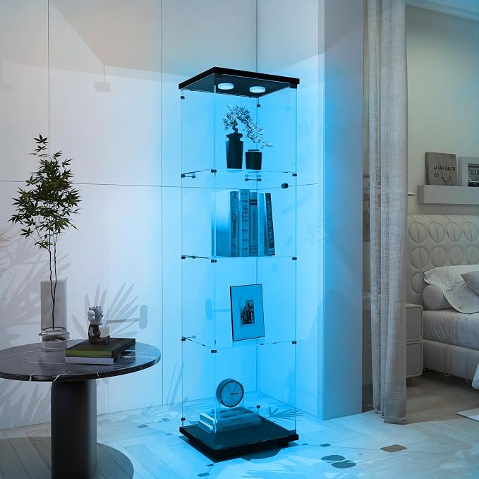 Frameless Glass Display Cabinet, Curio Cabinet Display Case with LED Lights and Lock, Quick-Install Floor Standing Showcase Display Shelf for Collectibles, Legos, Figures, Plants