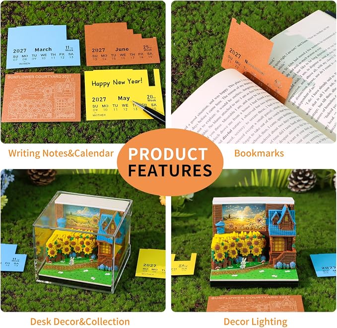 3D Time Piece Calendar, 2027 Desk Calendar With LED Light, 3d Tree Memo Pad Creative Desk Calendar, Christmas Gift for Colleague Friend, Desktop Decoration (Sunflower Yard)