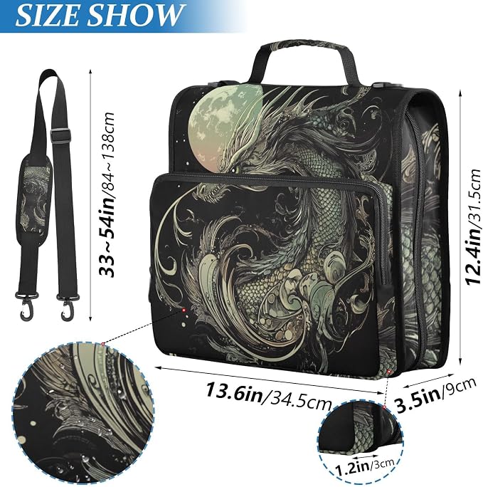 ALAZA Dragon and Moon Zipper Binder 1.5 inch 3 Ring Binder Organizer with Shoulder Strap and Handle for Home Office Work