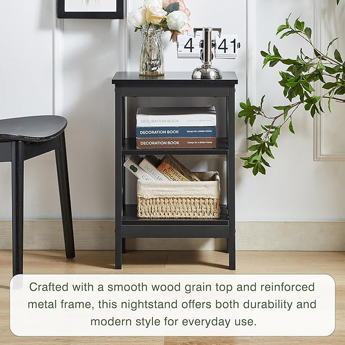 VECELO End Table Set of 2, Bedside Table, 24" Tall Living Room End Tables, X-Design Reinforced Nightstands, Side Table with 3-Tier Storage Shelves for Small Spaces, Office, Bathroom, Bedroom, Black