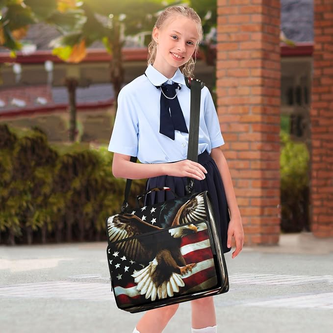 3 Ring Zipper Binder Patriotic American Theme Trapper Keeper Binder Organizer Portfolio with File and Shoulder Strap & Handle Large Capacity File Folder