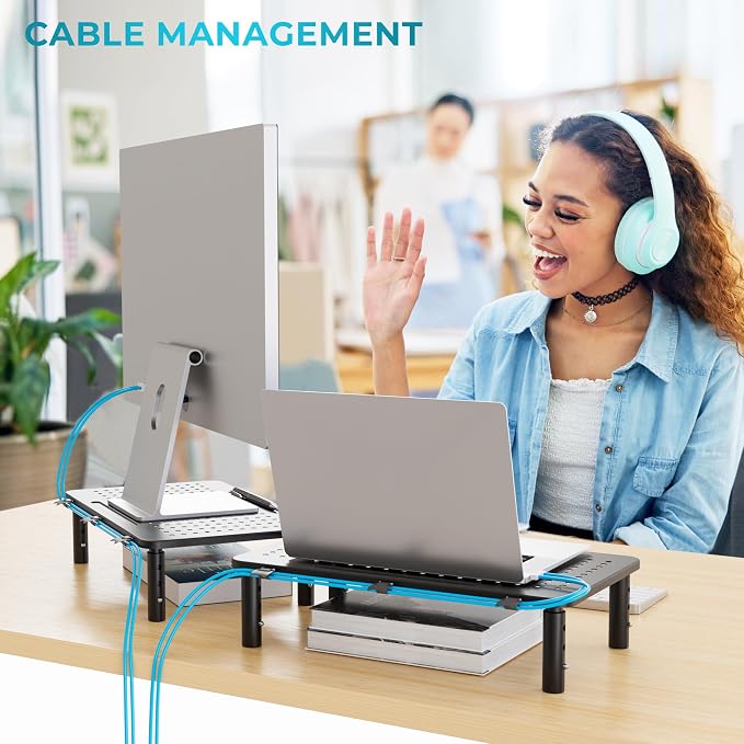 BONTEC Monitor Stand for Desk 1 Pack, 3-Level Height Adjustable | 14.5 x 9.1 in Ergonomic Metal Computer Stand with Pen Holder & Cable Management for Printer, Laptop and Office Workstation