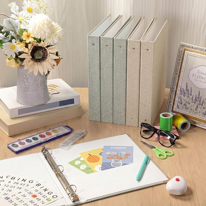 Fulmoon 2 Pcs Aesthetic 3 Ring Binders with Linen Cover 1 Inch Round Rings Binder with Inner Pocket 8.5" x 11" Binder Fits Letter Sized Durable for School Office and Home (Beige, Sage Green)