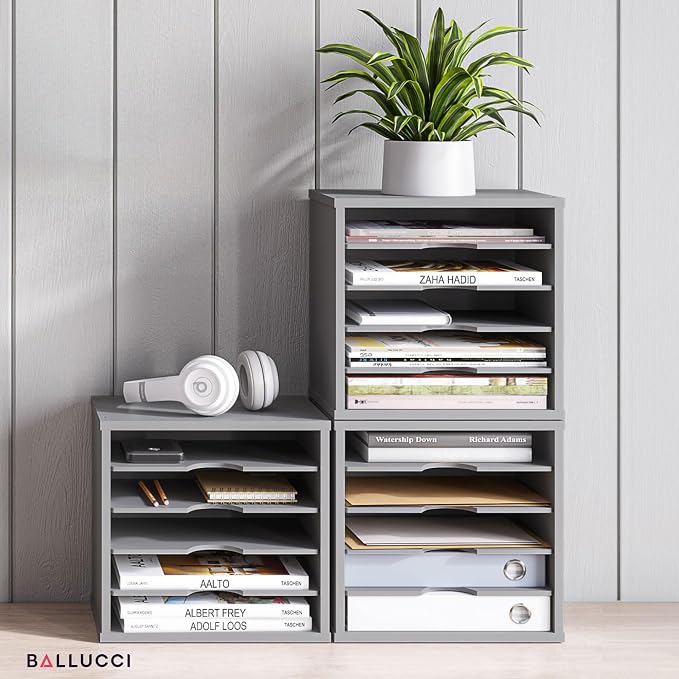 Ballucci 5-Tier File Organizer for Desk, Wooden Mail Sorter, Office Desk Organization, Paper Storage Organizers, Folder Holder for Desk, Letter Trays & Stacking Supports, Gray