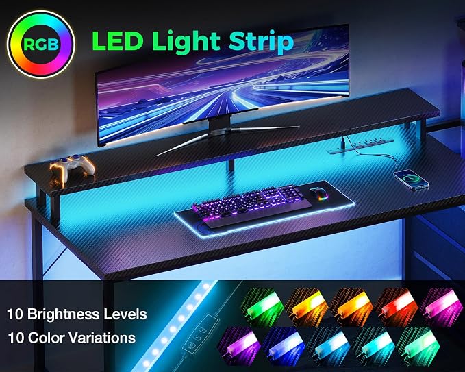 AODK 52 Inch Gaming Desk with USB Charging Ports & LED Light- Reversible Computer Desk with Storage Shelves & Monitor Stand, Modern Gamer Desk Table with Fabric Drawers, Black