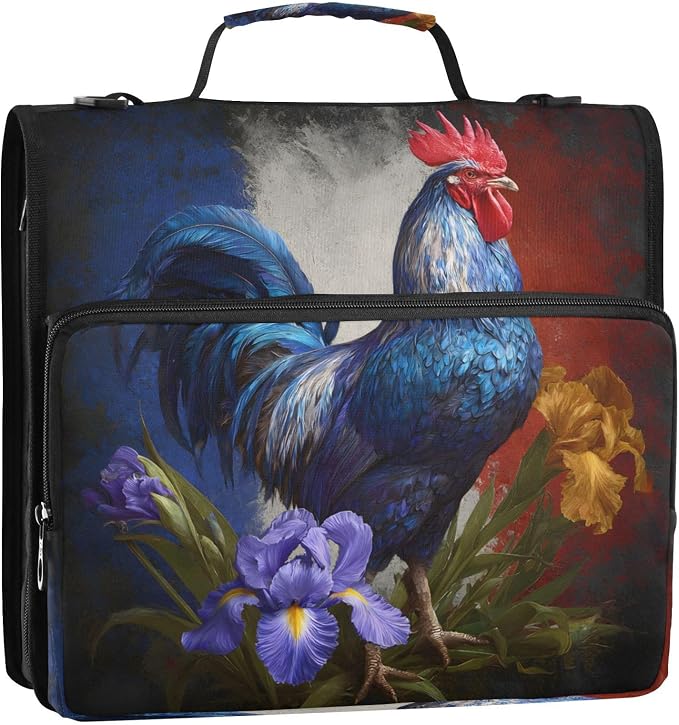 ALAZA Zipper Binder 3 Ring Vintage Chicken Rooster Binder Organizer with Zipper and Shoulder Strap Large Capacity Multi-Pocket Trapper Keeper File Folder for Office Supplies