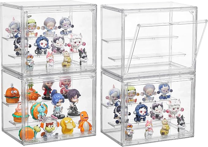 Acrylic Display Case for Collectibles, 3 Tier Figure Display Box 4 Pack | Clear Stackable Display Stand with Magnetic Door, 2 Movable Plates, Small Easy Assembly Showcase for Mini Action Figures