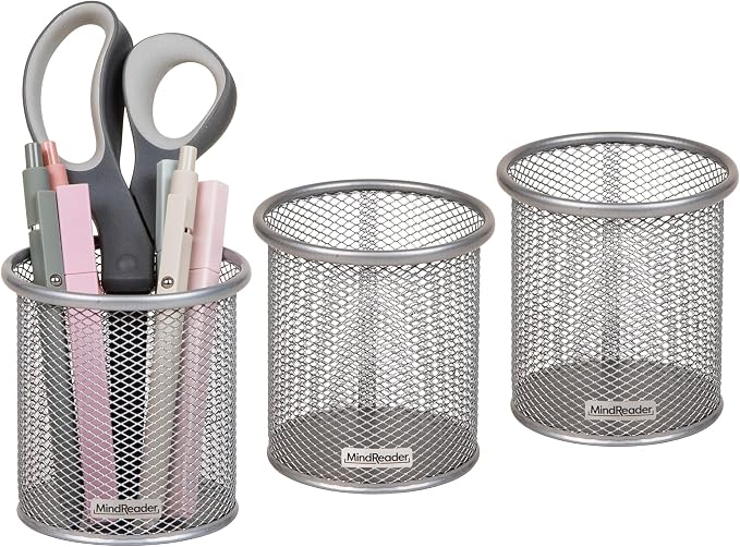 Mind Reader Pen and Accessories Holder, Desktop Organizer, Office, Metal Mesh, 3.5"L x 3.5"W x 3.75"H, Set of 3, Silver