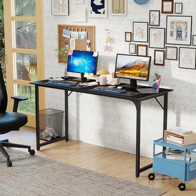 PayLessHere | 55 Inch Computer Desk | Black | Office Desk with Metal Frame, Adjustable Feet | Water-Resistant, Scratchproof Surface | Sturdy Writing Table for Home Office or Study | Pack of 1