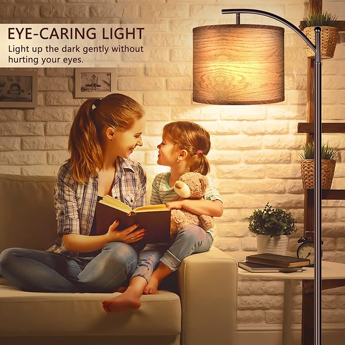 Floor Lamp for Living Room, LED Standing Lamp Tall Industrial Floor Lamp Reading for Bedroom, Office (9W LED Bulb, Wood Grain Lampshade Included) - Oil-Rubbed Bronze