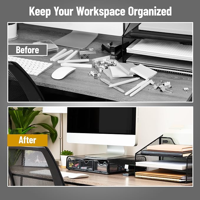 Mind Reader Monitor Stand, Ventilated Laptop Riser, Desktop Organizer, Storage, Metal Mesh, 13.25"L x 12.5"W x 3"H, Black
