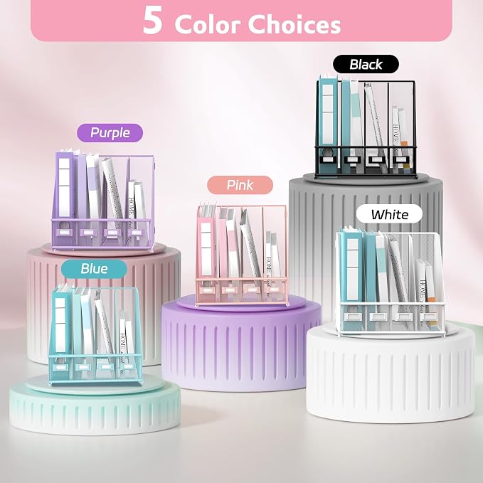 4-Compartment Magazine File Holder and File Organizer for Desk, Pink | Metal Magazine Holder and Magazine File Holder, 4-Compartment File Organizer for Binders Folders Magazines and Paper