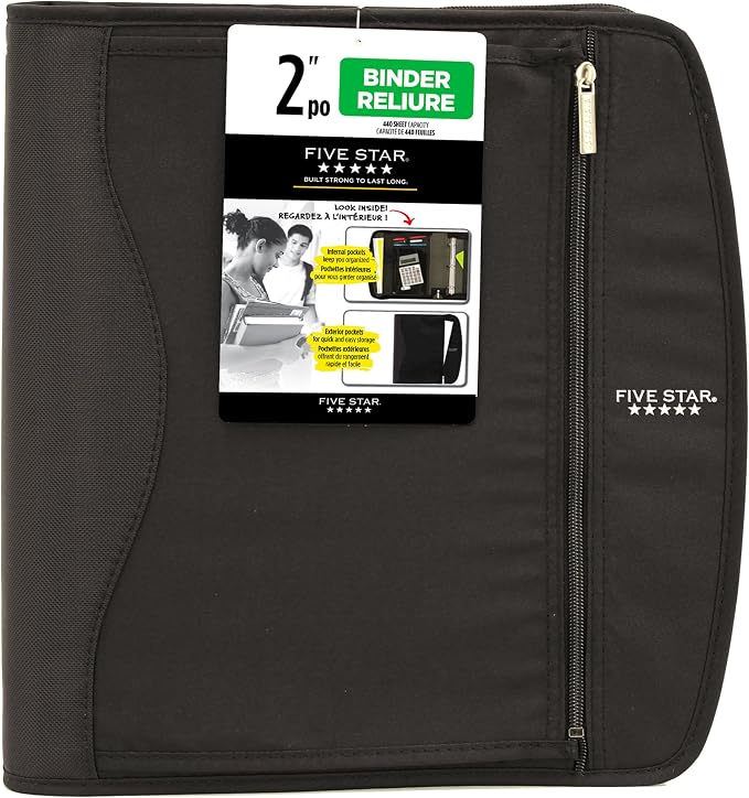 Five Star Zipper Binder, 2-Inch Capacity, 3 D-Rings, Exterior Zippered Pockets, Interior Mesh Pouch, Easy Grip Spine, Black Cover (66352)