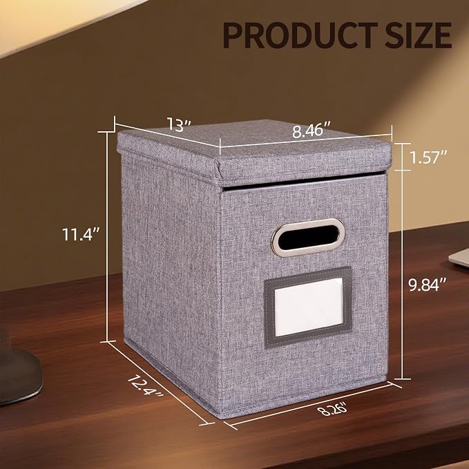 4 Pack Hanging File Folders Organizer with Lid, Letter Size Fabric File Storage Box Collapsible, Portable Office Document Holder with Metal Handle, Smooth PVC Rails, Gray