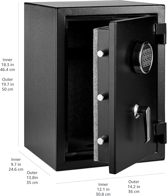 Amazon Basics Fire Safe with Programmable Electronic Keypad, 1.24 Cubic Feet, 14-Gauge Steel, UL 72 Compliant, 14.2"W x 13.8"D x 19.7"H, Black, for Documents and Valuables