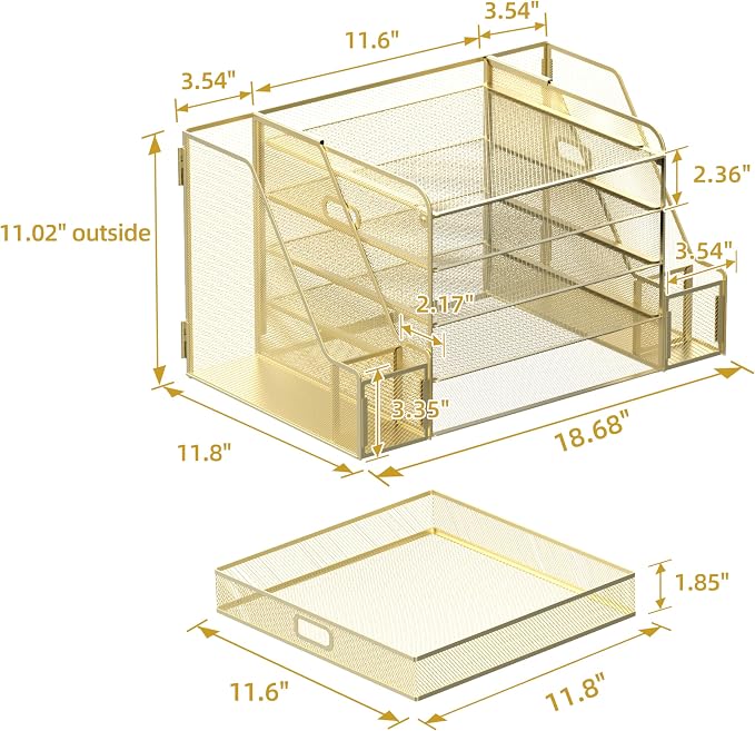 Mesh Desk Organizer with File Holder, 5-Tier Paper Letter Tray Organizer with Magazine Holder, Desktop Organizer and Storage with Drawer for Office Supplies Home or School (Golden) | Two side magazine holders and a bottom drawer store papers, folders, ...