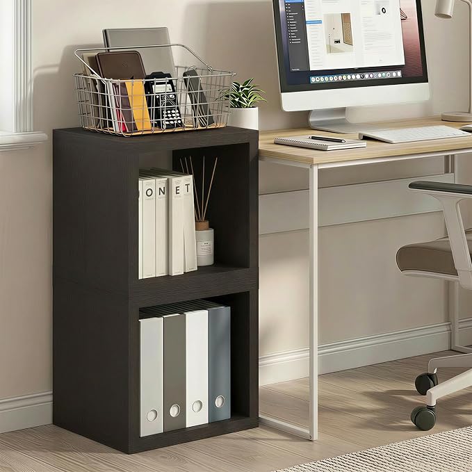 Furinno Cubicle Set of 2 Book Shelf, Stackable Bookshelf, Dark Oak | Cube Storage Organizer, Bookcase with Open Back, Extra Thick, 15.8 x 15.8 x 14.6, for Living Room, Bedroom, Home Office