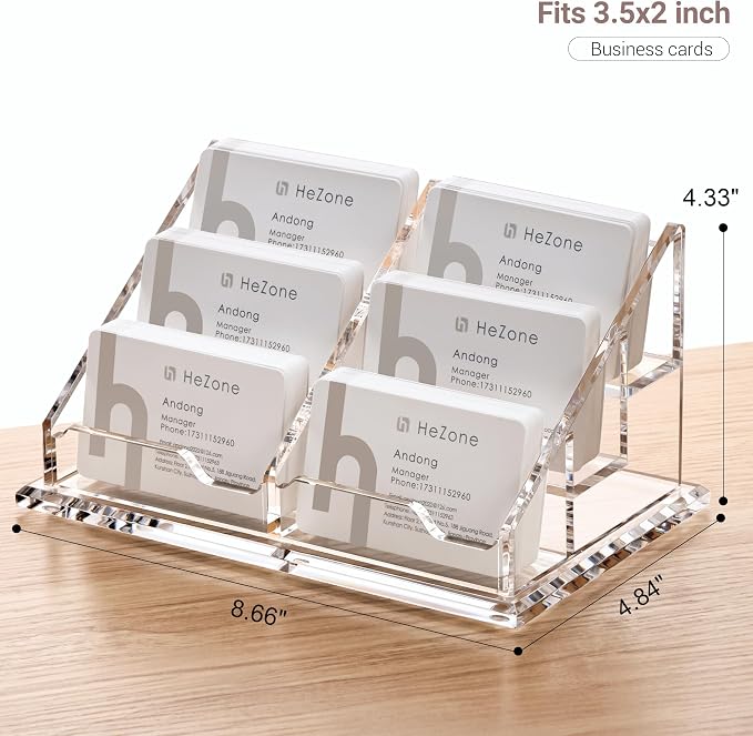 HeZone Business Card Holder for Desk, Acrylic Business Card Organizer , Multiple 6 Slots 3 Tier Business Cards Stand for Women& Men,Office Desk Accessories,Organize 300 Cards-1 Pack(Horizontal,Clear)