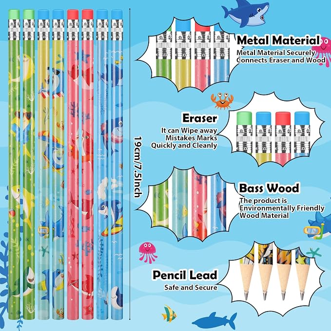 Geyee 36 Pcs Space Pencils Hawaiian Shark Themed Party Favors, Shark