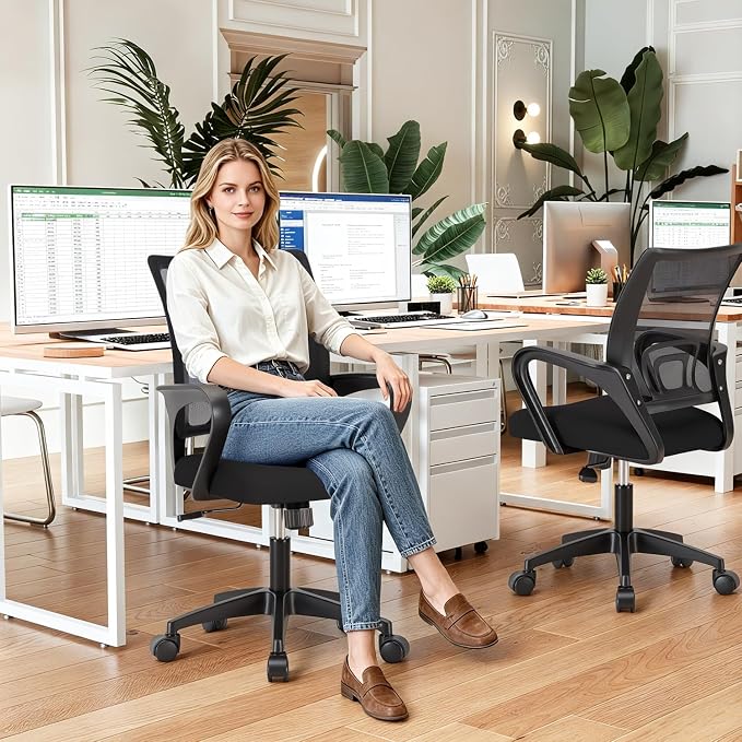 BestOffice Ergonomic Office Chair | Mid-Back Swivel Desk Chair | Dark Black | with Lumbar Support, Adjustable Height & Breathable Backrest | Sponge Seat & Rolling Wheels | for Home, Office | Pack of 1