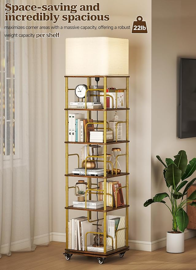 5 Tier Gold Rotating Bookshelf with Light, Square Revolving Book Shelf Tower with Wheels, 360 Display Corner Shelves with Large Capacity for Small and Narrow Space, Office, Living and Bed Room