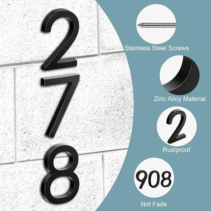 6" Floating Stainless Steel Address House Number, Modern Metal Anti-Rust House Numbers with Nail Kits for Door Garden Mailbox Decor Visibility Signage (7)