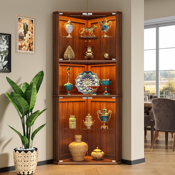 kepptory 72" Corner Curio Cabinet with RGB LED Lights, 6-Tier Glass Display Cabinet with Adjustable Shelves, Lighted Corner Showcase for Collectibles, China, Glassware, Living Room Home Bar
