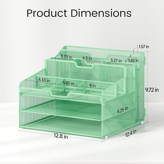 Lavatino Desk Paper File Organizer - Metal Mesh with 2 Letter Trays, 7 Flexible Dividers, 2 Vertical File Folder Holders for Office/Home/Classroom Supplies, Desk Organizers and Accessories, Green