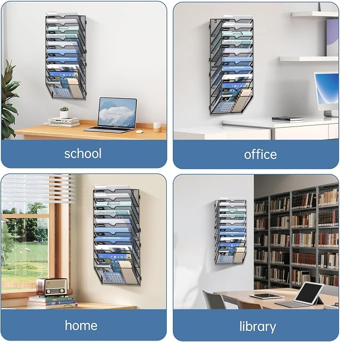 10-Tier Wall File Organizer and Hanging File Organizer, Black, 2Pack | Wall Organizer and Wall Mounted File Holder with 10 Pockets and Label Panels for Files, Mail, Folders, Magazines and Paper