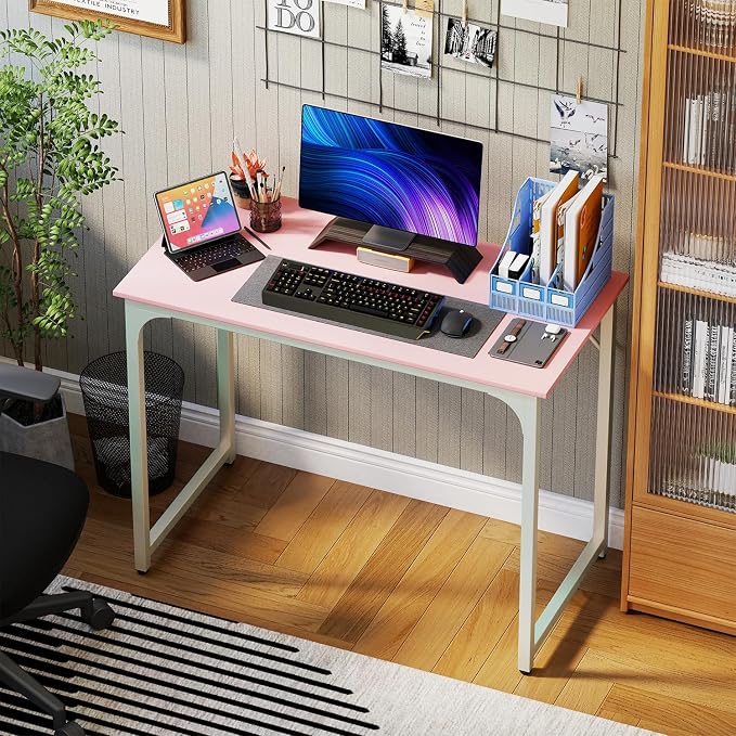 PayLessHere | 39 Inch Computer Desk | Pink | Office Desk with Metal Frame, Adjustable Feet | Water-Resistant, Scratchproof Surface | Sturdy Writing Table for Home Office or Study | Pack of 1