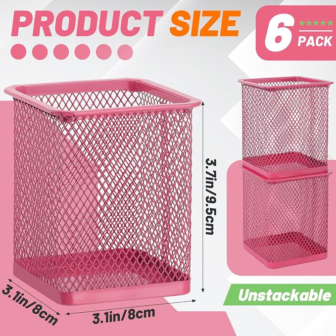 Segarty Pen Cup, 6 Pack Square Dark Pink Pen Holder for Desk, Multifuntional Mesh Pencil Cups Containers for Marker, Office Supplies, School Students, Home, Desktop Accessories Storage Organizer