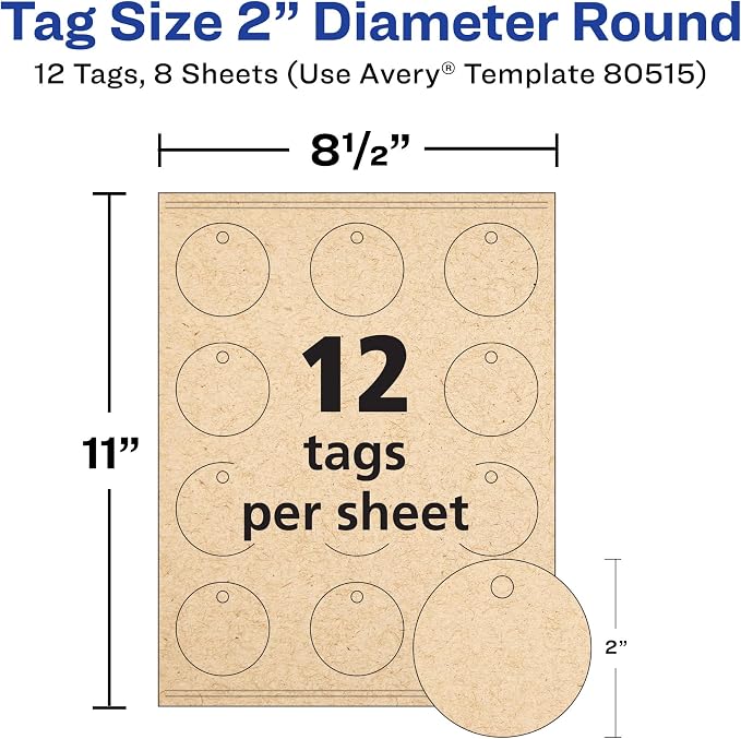 Avery® Kraft Brown Round Tags, Sure Feed® Technology, 2" Diameter, Printable on Both Sides, Includes Strings, 96 Total (80515)