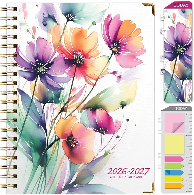HARDCOVER Academic Year 2026-2027 Planner: 14 Months (May 2026 Through June 2027) 8.5"x 11" Daily Weekly Monthly Planner Yearly Agenda. Bookmark, Pocket Folder and Sticky Note Set (Rainbow Floral)