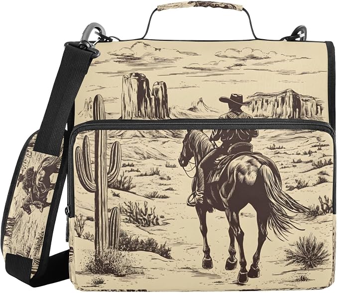 ATTX Desert Cowboy Zipper Binder with Adjustable Padded Strap - 3 Ring 500 Sheet Capacity Binder Bag with Multi-Pocket Organizer, Fits 12 Inch Laptop