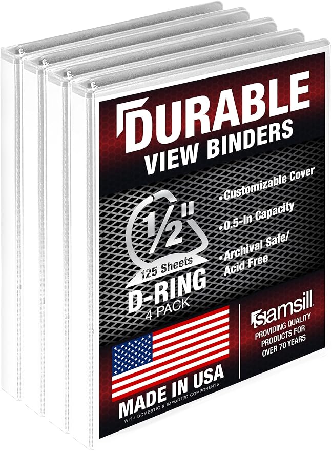 Samsill Durable 0.5 inch 3 Ring Binder, D Ring Binder, 100% Recycled Chipboard, White, 4 Pack