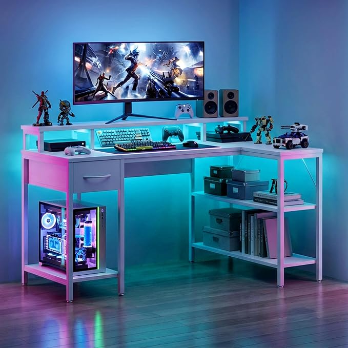 Alpen Computer Desk, L Shaped Desk for Gaming, Home Office Desk with LED Lights, Reversible Corner Desk with Shelves and Drawer, PC Desk for Living Room, Bedroom, 53 Inch, White