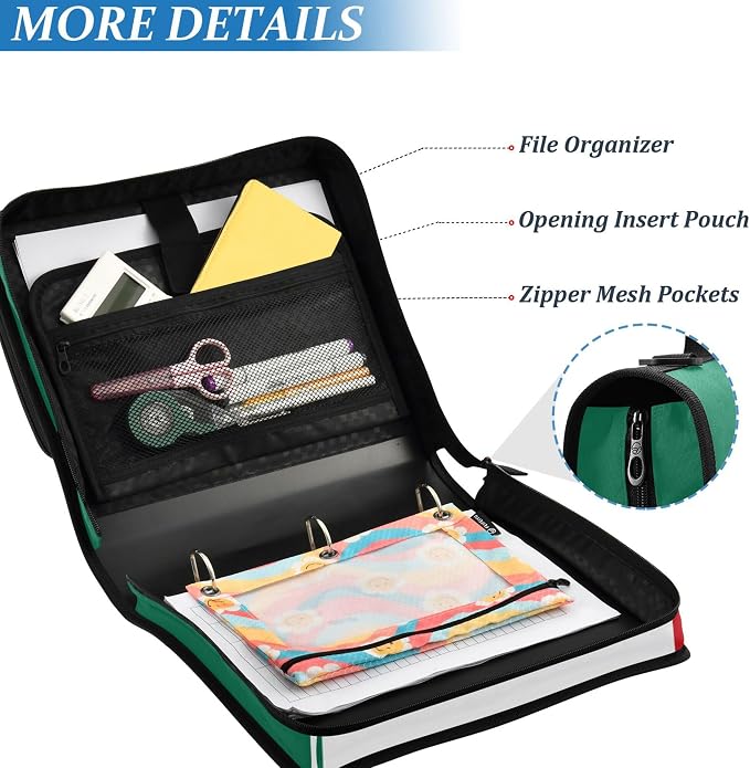 Fisyme Mexico Flag Zipper Binder 3 Ring with Zipper and Shoulder Strap Large Capacity Multi-Pocket Binder Organizer