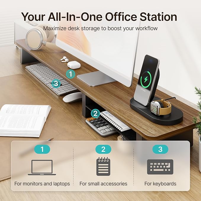 46" Dual Monitor Riser, Metal Shelf Wooden Desk Organizer | Walnut Wooden Desk Shelf for 2 Monitors/TV,Monitor Stand Riser for Desk, Wood Monitor Stand Organizer for Home Office