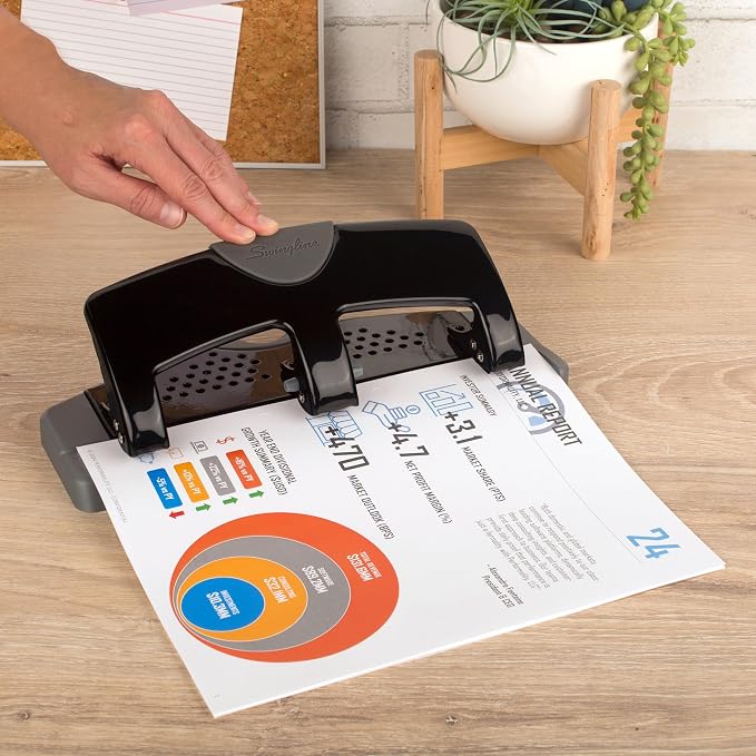 Swingline 3 Hole Punch, 20 Sheet Capacity Three Hole Puncher 3 Ring, Paper Punch, SmartTouch Low Effort, Black & Silver (74133)
