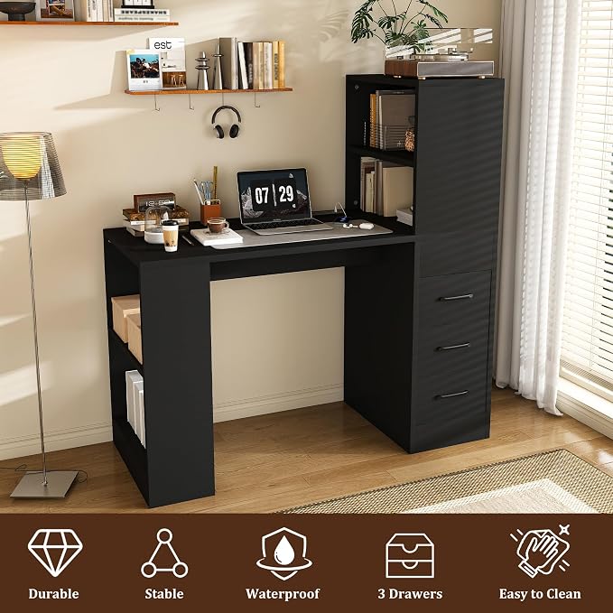 KEIKI L Shaped Computer Desk with 4-in-1 Charging Station, Office Desk with 3 Slide Drawers and 4-Tier Storage Shelves, Modern Wooden Corner Writing Desk for Home Office, Study, Bedroom, Black