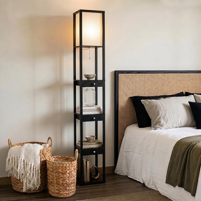 Brightech Maxwell Drawer Edition - Modern Shelf Floor Lamp with Drawer - Corner Display Floor Lamps with Shelves for Living Room, Bedroom and Office - Black