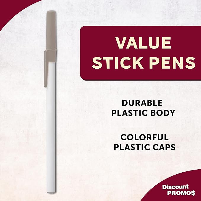 DISCOUNT PROMOS Value Stick Pens Set of 10, Bulk Pack - Black Ink, Great for Office, School, Business, Tradeshows, Events - Grey