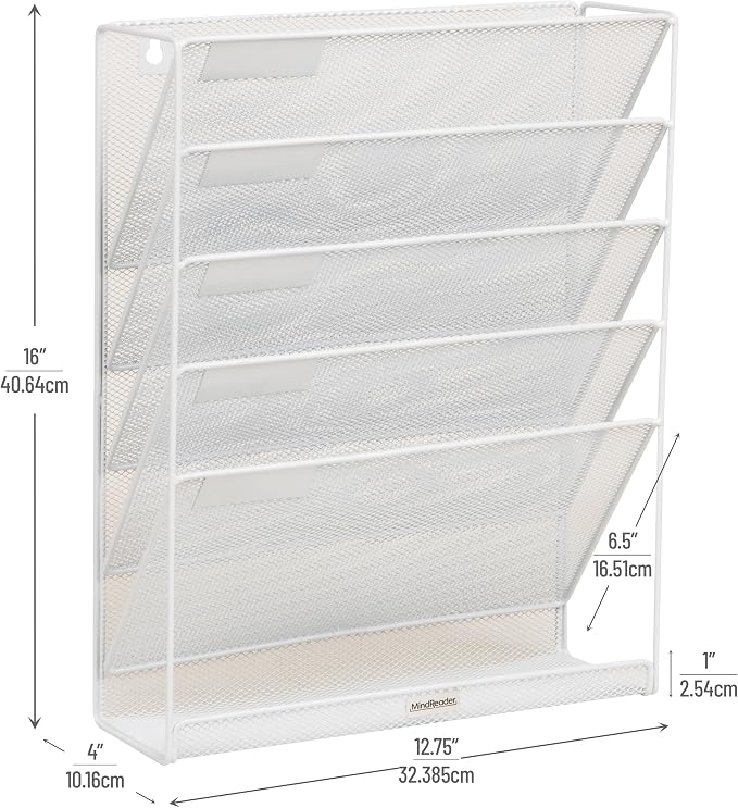 Mind Reader 5-Pocket Vertical File Storage, Desktop Organizer, Wall Mount, Office, Metal Mesh,White