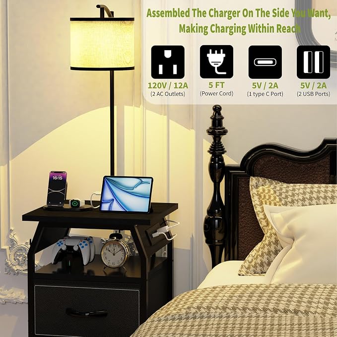 runjuly Floor Lamp with Table, End Tables with Lamps Attached 3-Color Temperature Bulb, Side Table with Lamp with 2 Drawers & Charging, Lamps Tables Combo for Bedroom, Dorm, Apartment - Black