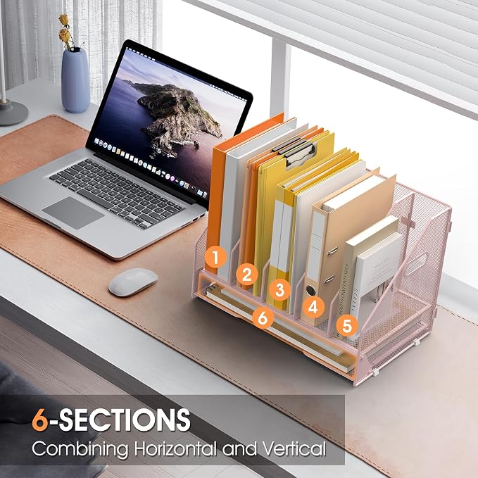 5 Vertical Mesh Desk Organizer with Paper Letter Tray, Pink | Sorting racks with lower letter tray section. Multipurpose mesh desktop space saver for home office and school