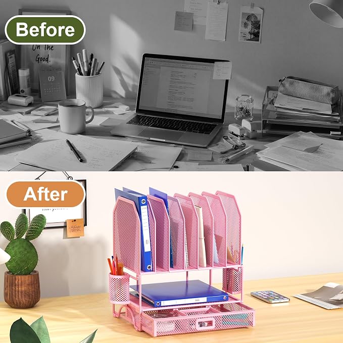 FANXIYQ Metal Desk Organizer with Sliding Drawer, 7-Section File Organizer for Desk, Desktop File Folder & Paper Organizer with 2 Hanging Pen Holders, Office Supplies Organizer, Pink