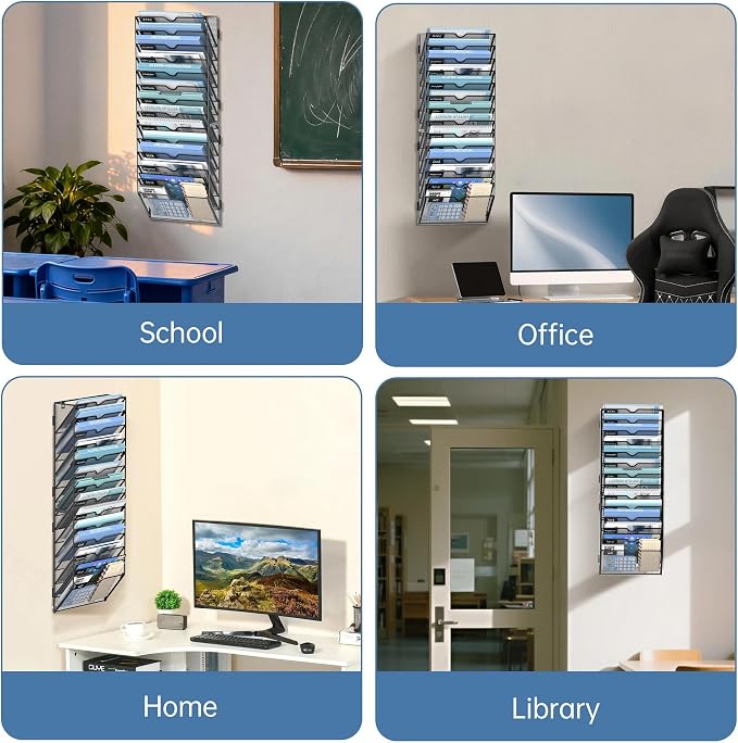 14-Tier Wall File Organizer and Hanging File Organizer, Black | Wall Organizer and Wall Mounted File Holder with 14 Pockets and Label Panels for Files, Mail, Folders, Magazines and Paper
